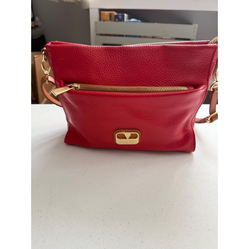 Valentina Red Pebbled Leather Crossbody Bag Gold Hardware Italian Made Handbag - Picture 9 of 13